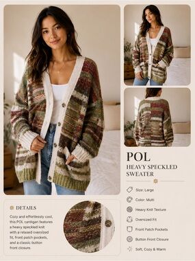 POL Oversized Speckled Cardigan - Olive, Cream, Rust